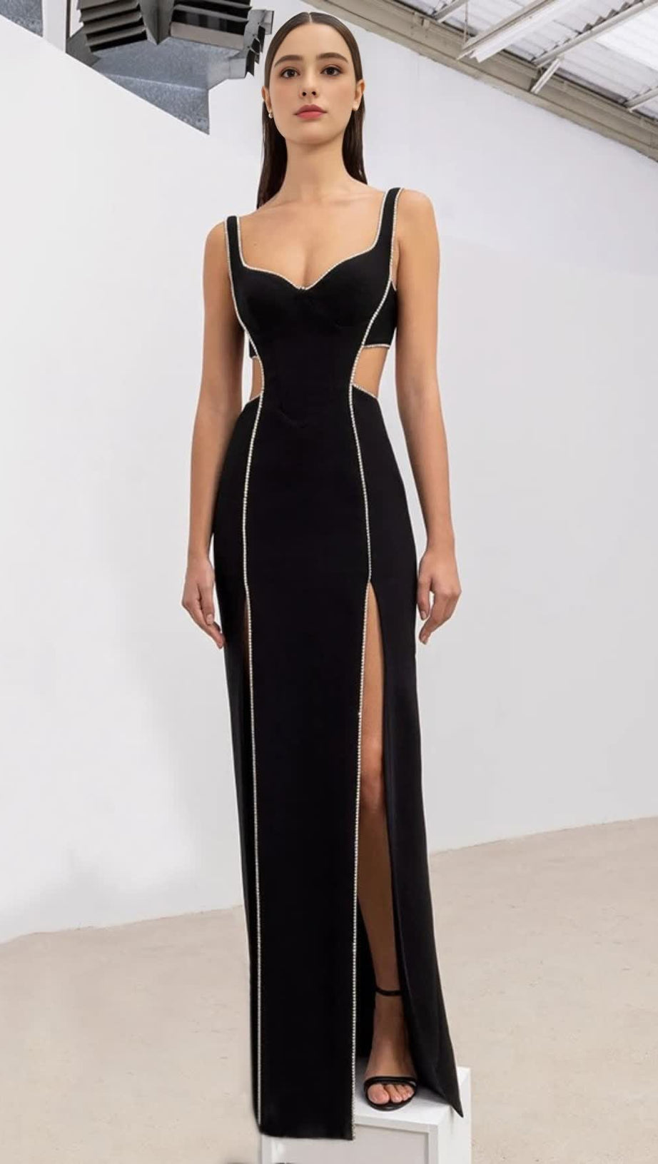 RHINESTONE - TRIMMED V - NECK SIDE - SLIT MAXI DRESS IN BLACK