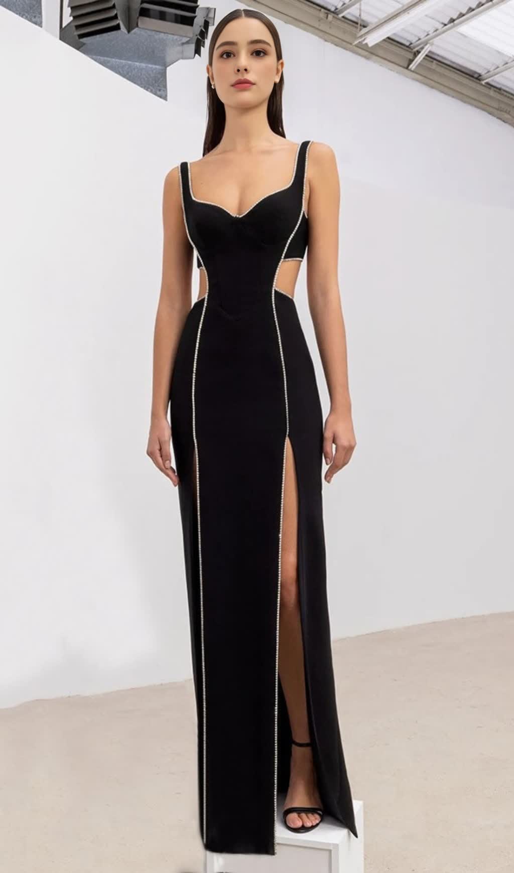 RHINESTONE - TRIMMED V - NECK SIDE - SLIT MAXI DRESS IN BLACK