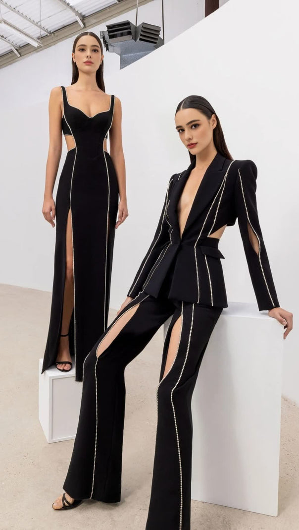 AIIZIE RHINESTONE - TRIMMED V - NECK SIDE - SLIT MAXI DRESS IN BLACK - product image