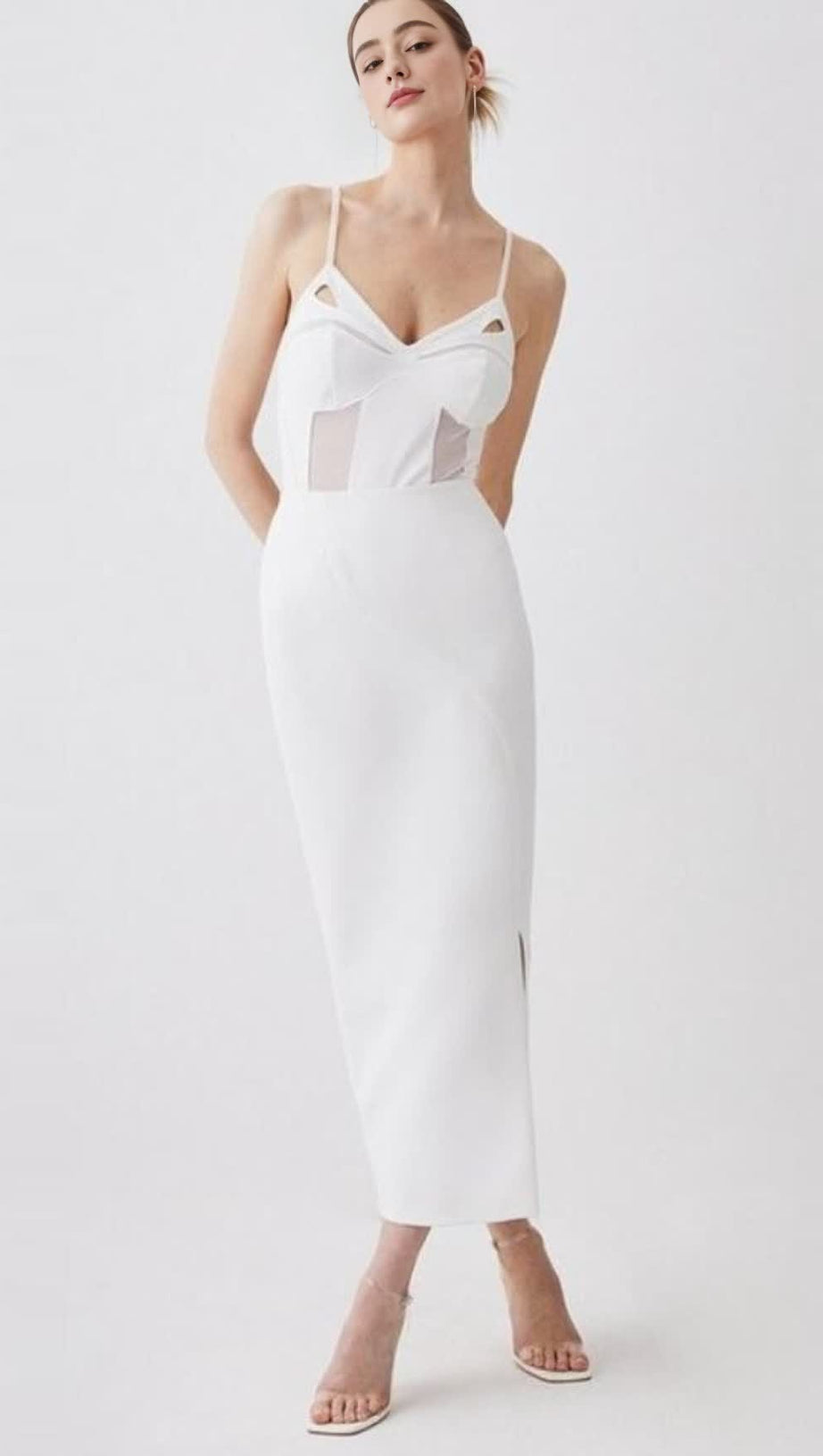 MESH - PANELED SPAGHETTI - STRAP SIDE - SLIT MIDI DRESS IN WHITE