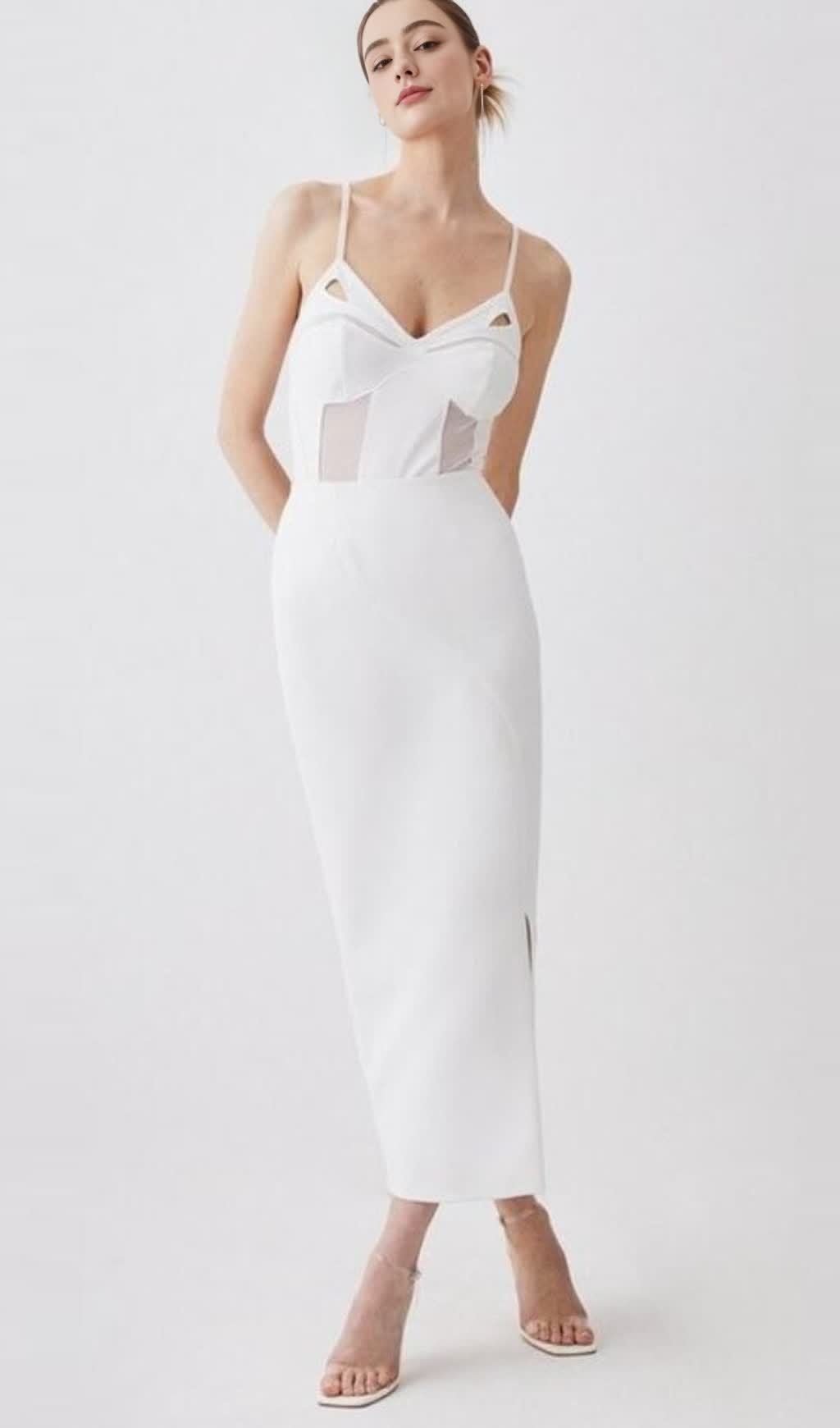 MESH - PANELED SPAGHETTI - STRAP SIDE - SLIT MIDI DRESS IN WHITE