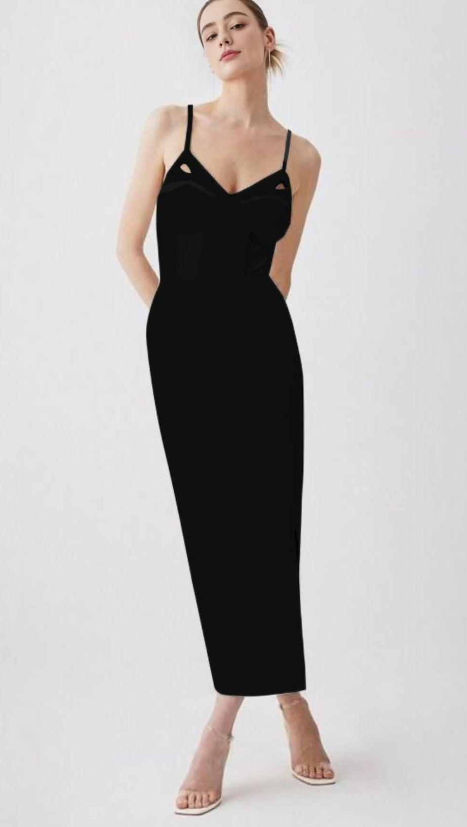 MESH - PANELED SPAGHETTI - STRAP SIDE - SLIT MIDI DRESS IN BLACK