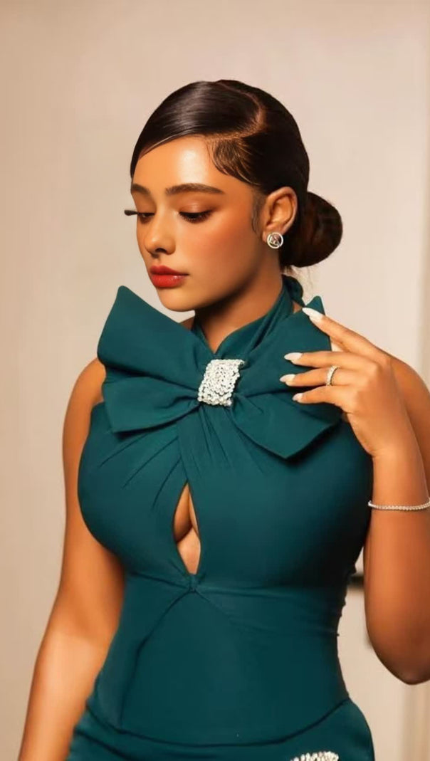 AIIZIE HALTER NECK BOW - DETAIL BODYCON MAXI DRESS IN GREEN - product image