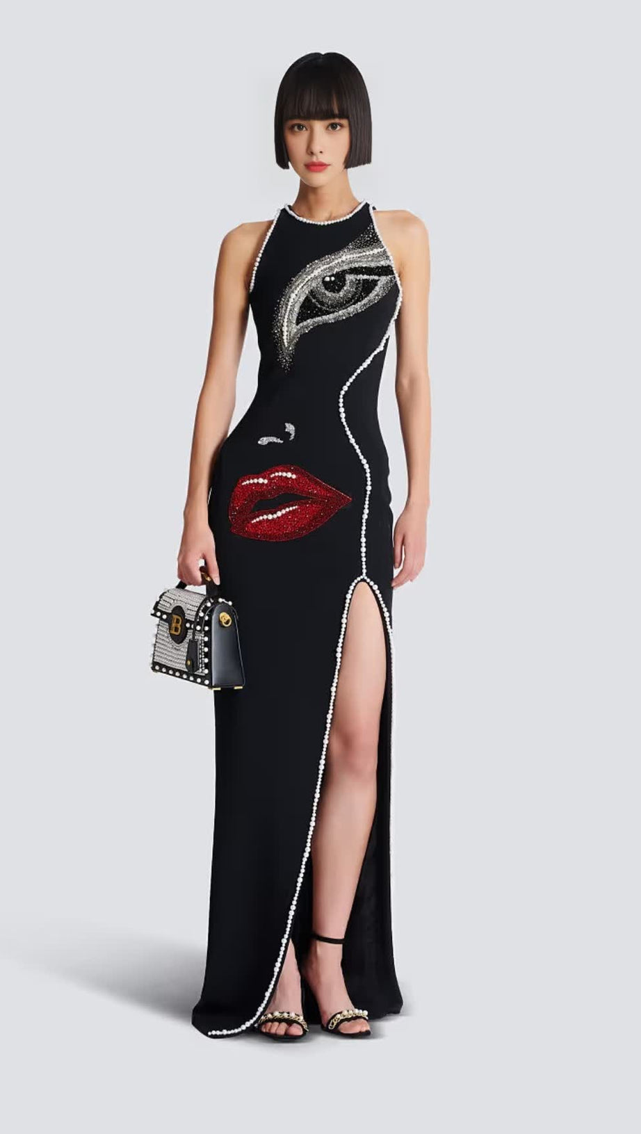 RHINESTONE - EMBELLISHED LIP & EYE SLIT MAXI DRESS IN BLACK