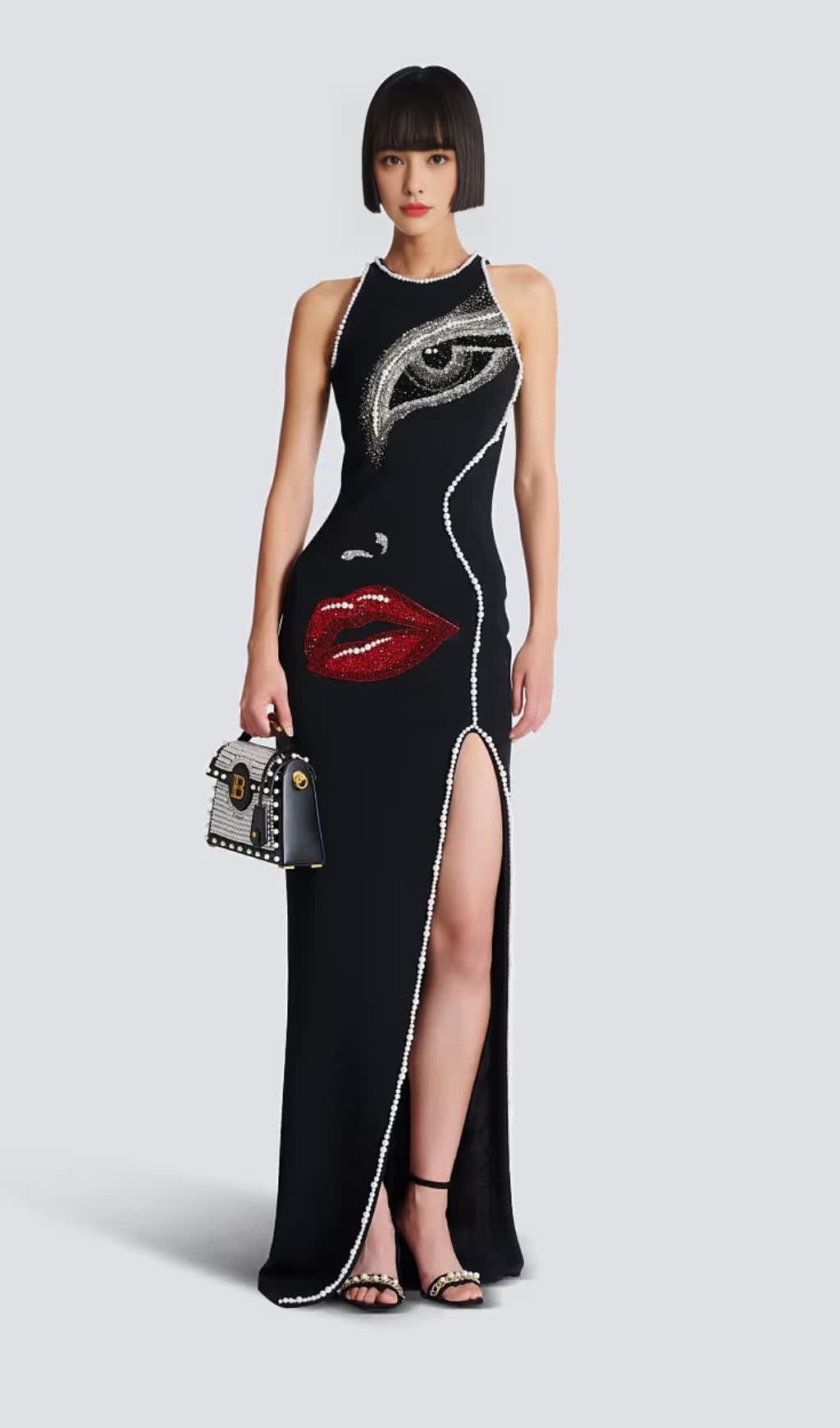 RHINESTONE - EMBELLISHED LIP & EYE SLIT MAXI DRESS IN BLACK