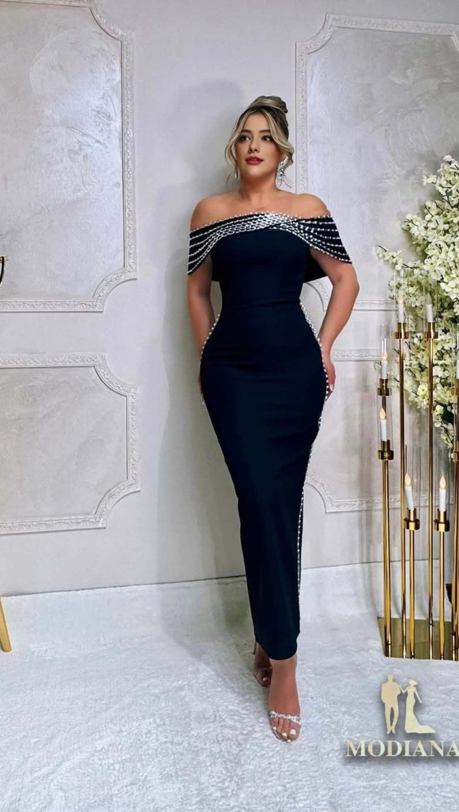 OFF - SHOULDER RHINESTONE - TRIMMED BODYCON MIDI DRESS IN BLACK