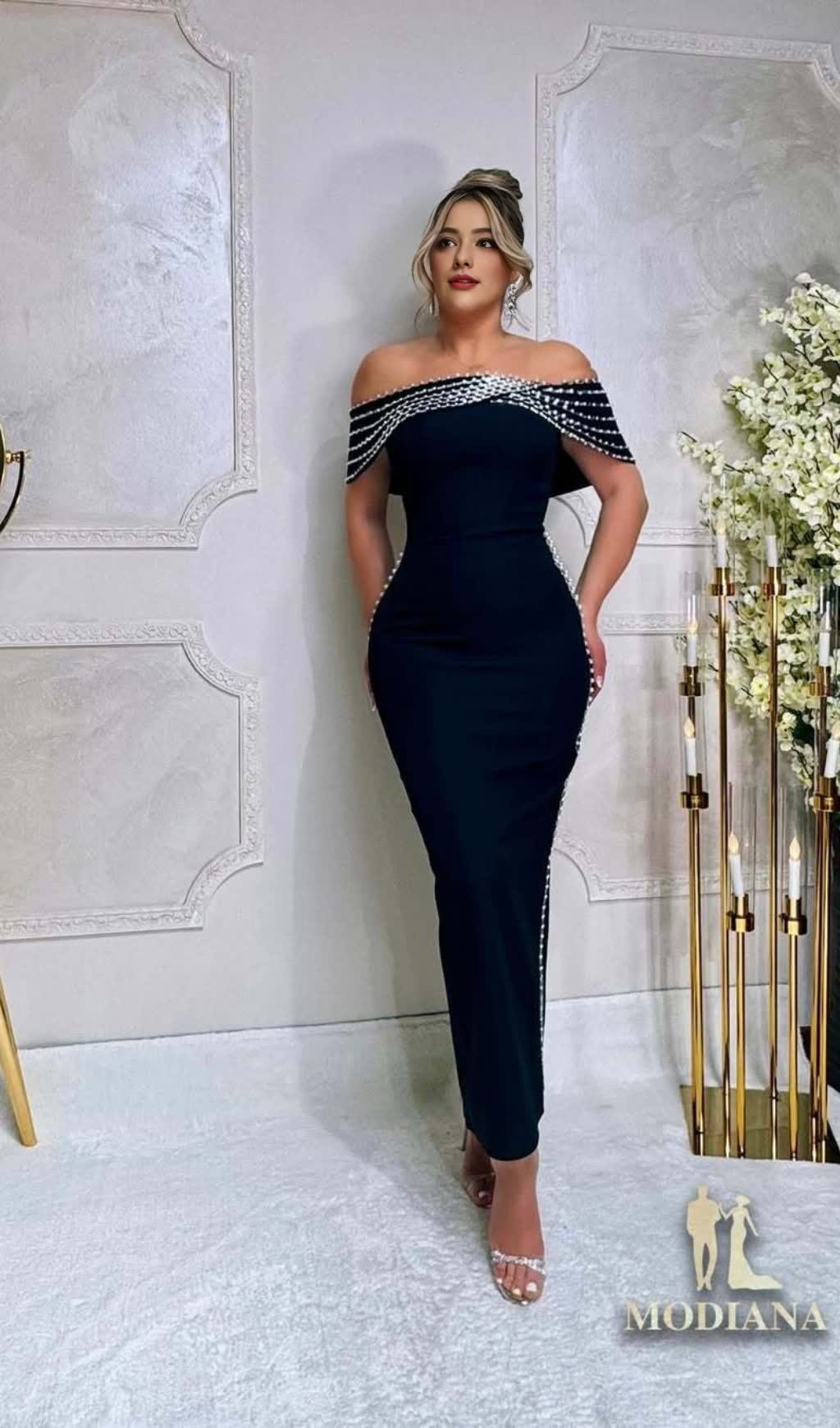 OFF - SHOULDER RHINESTONE - TRIMMED BODYCON MIDI DRESS IN BLACK
