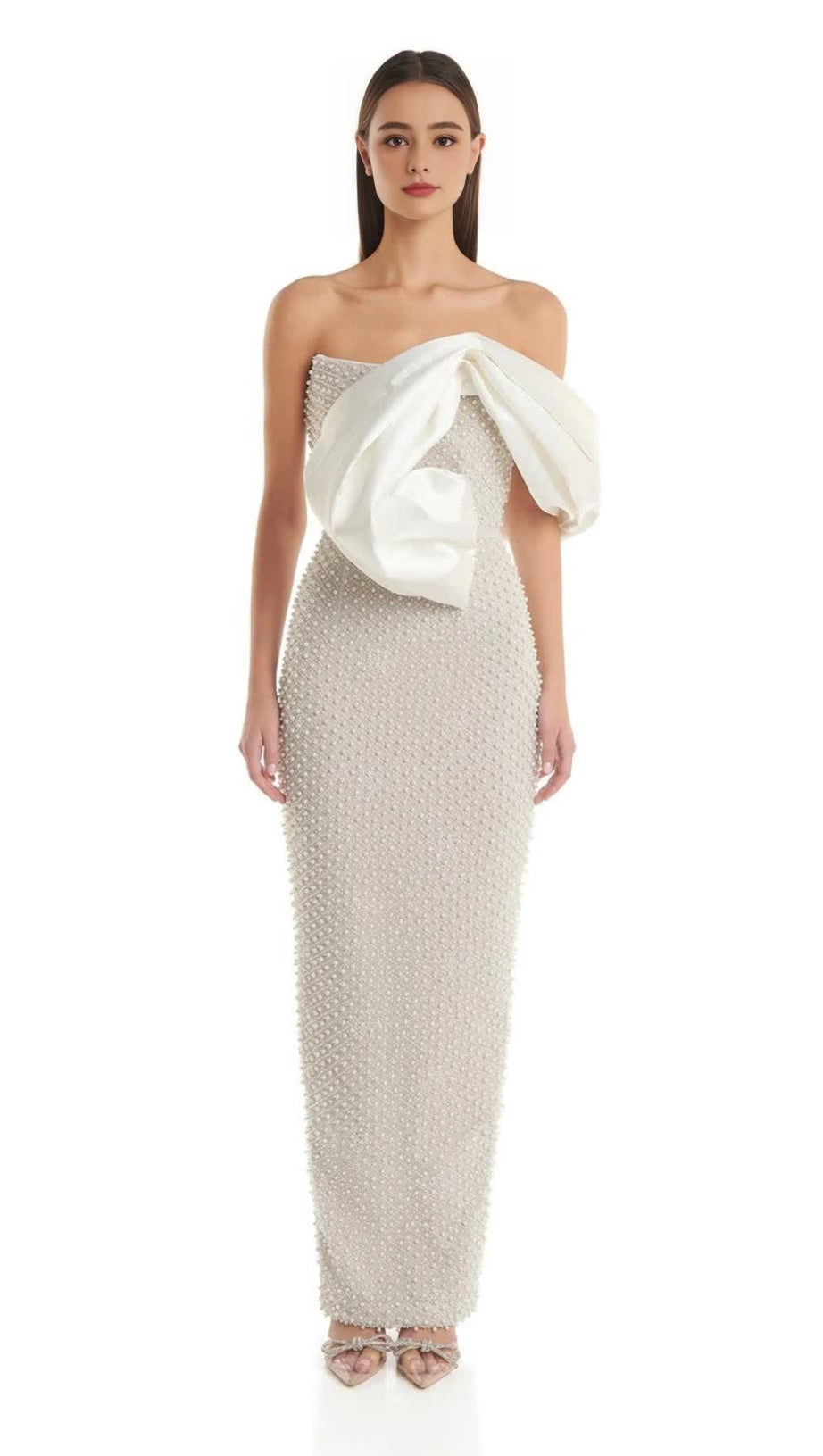 PEARL - EMBELLISHED BOW - ACCENT STRAPLESS MIDI DRESS IN WHITE