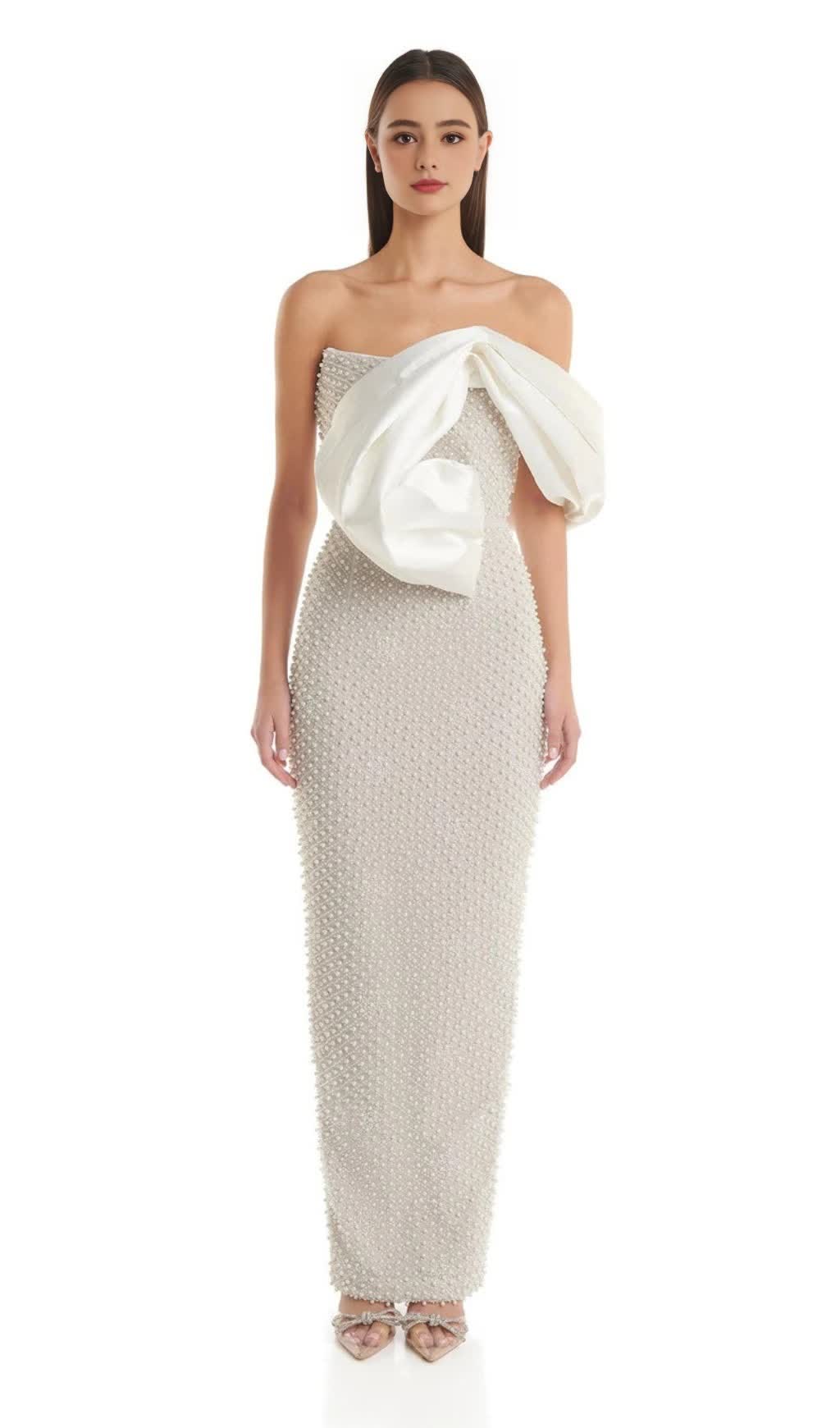 PEARL - EMBELLISHED BOW - ACCENT STRAPLESS MIDI DRESS IN WHITE