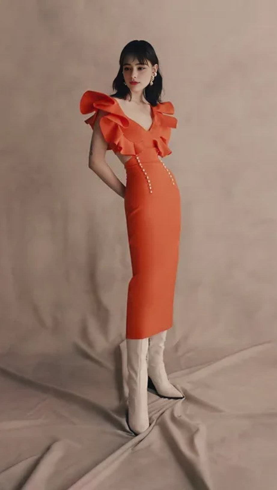 RUFFLED - SLEEVE PEARL - ACCENT BODYCON MIDI DRESS IN ORANGE