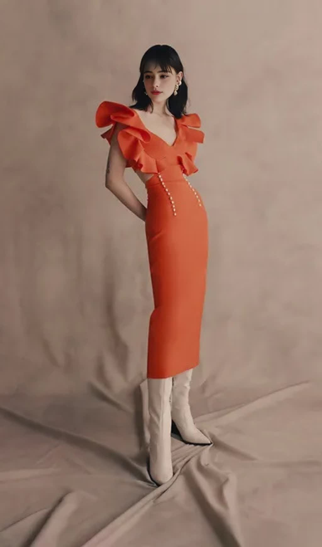 RUFFLED - SLEEVE PEARL - ACCENT BODYCON MIDI DRESS IN ORANGE