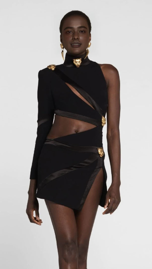 AIIZIE CUT - OUT GOLD - ACCENT ASYMMETRIC MINI DRESS IN BLACK - product image