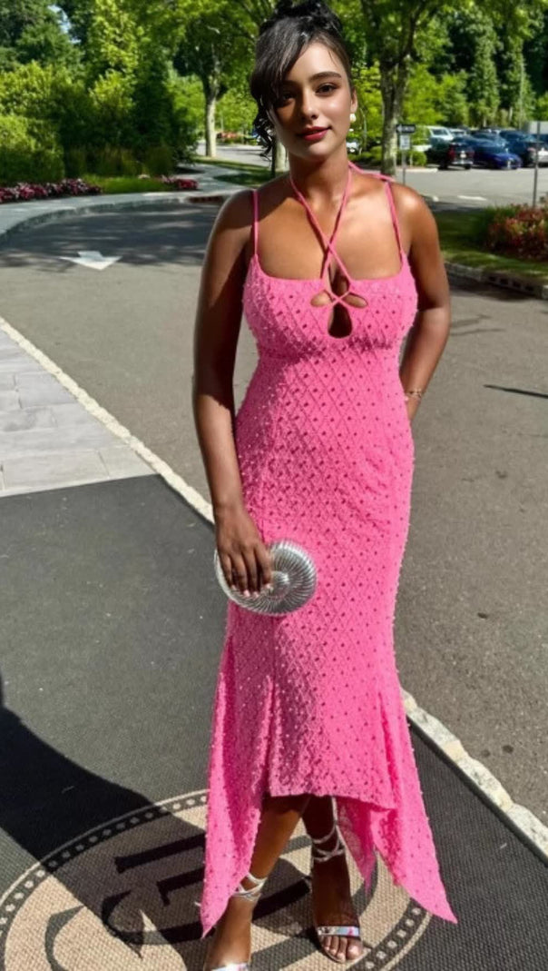 AIIZIE PEARL - EMBELLISHED CRISS - CROSS BACK ASYMMETRIC MIDI DRESS IN PINK - product image