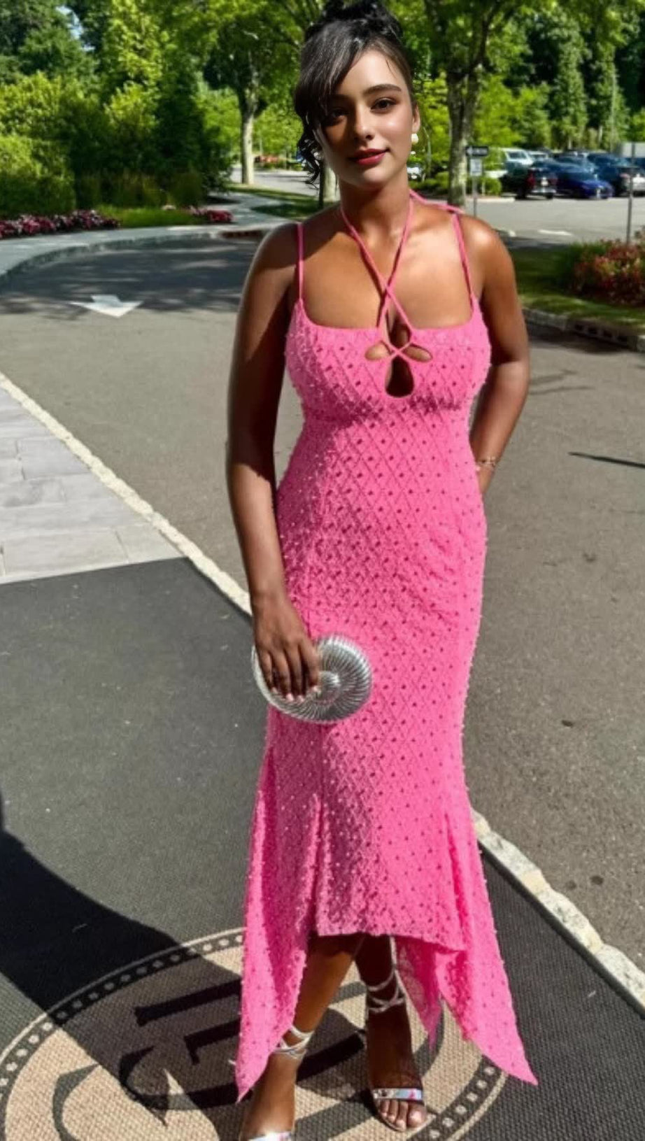 PEARL - EMBELLISHED CRISS - CROSS BACK ASYMMETRIC MIDI DRESS IN PINK