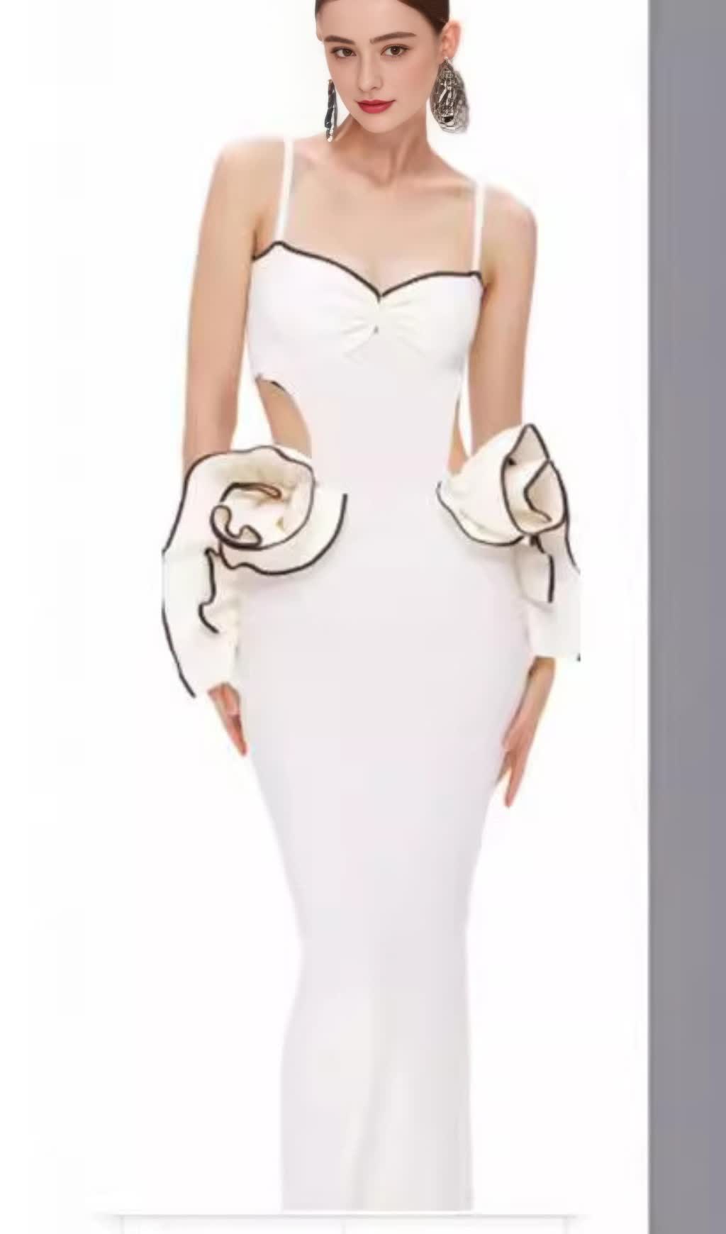 CONTRAST - TRIM CUTOUT RUFFLE - ACCENT MIDI DRESS IN WHITE