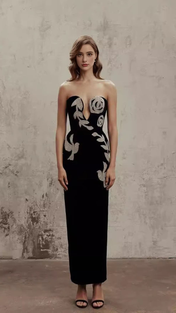 AIIZIE STRAPLESS SILVER - SEQUIN FLORAL - BIRD SLIT MAXI DRESS IN BLACK - product image