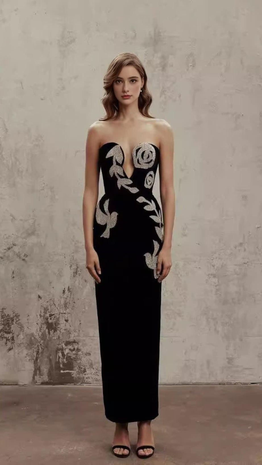 STRAPLESS SILVER - SEQUIN FLORAL - BIRD SLIT MAXI DRESS IN BLACK