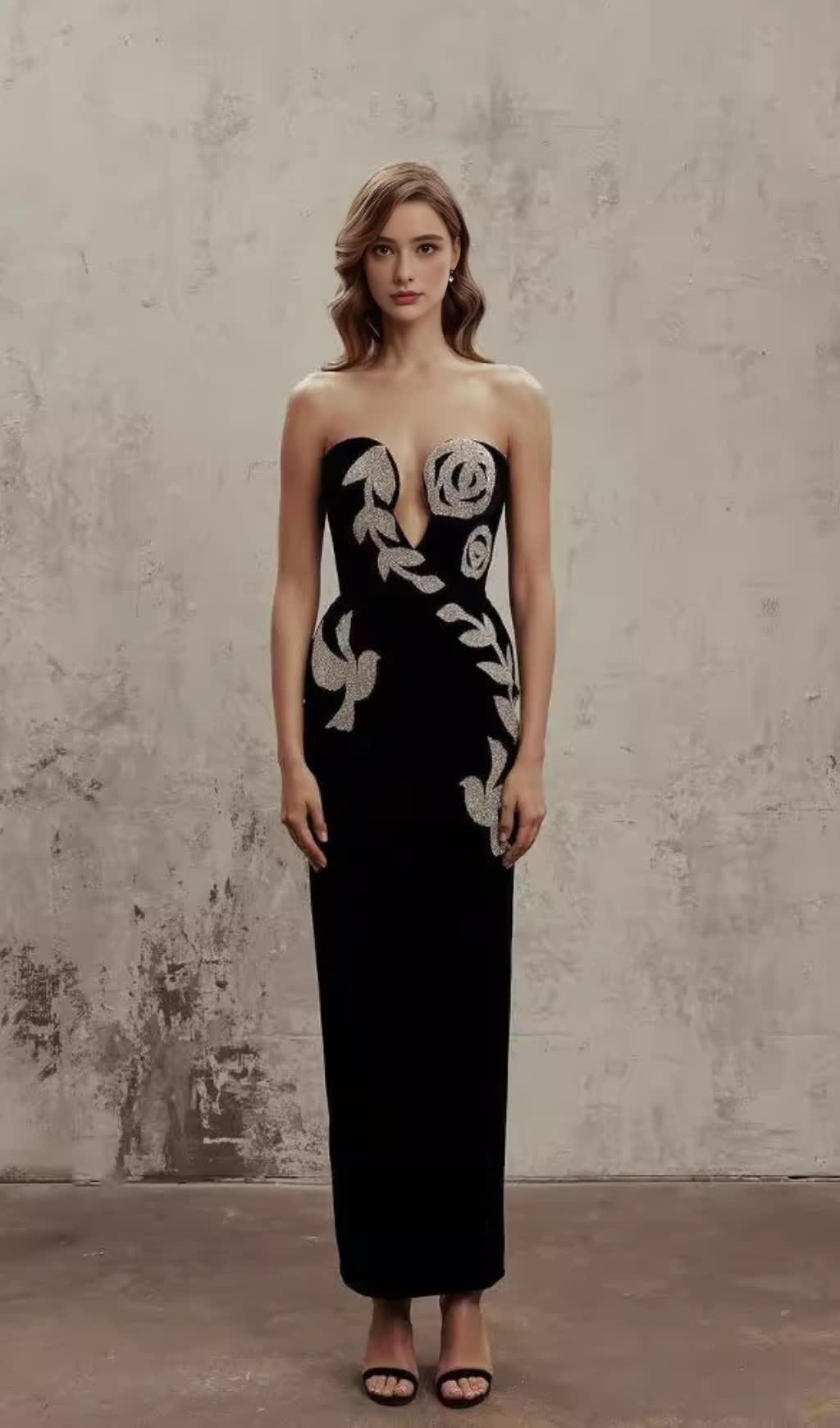 STRAPLESS SILVER - SEQUIN FLORAL - BIRD SLIT MAXI DRESS IN BLACK