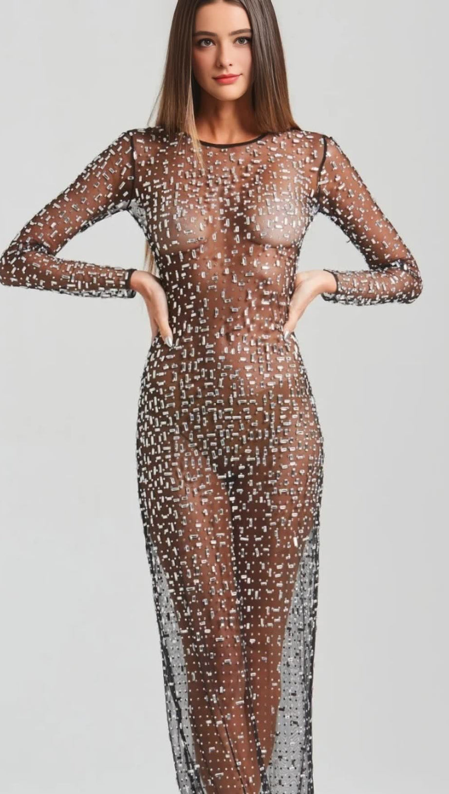 SHEER GLITTER - SPECKLED LONG - SLEEVE MAXI DRESS IN BLACK