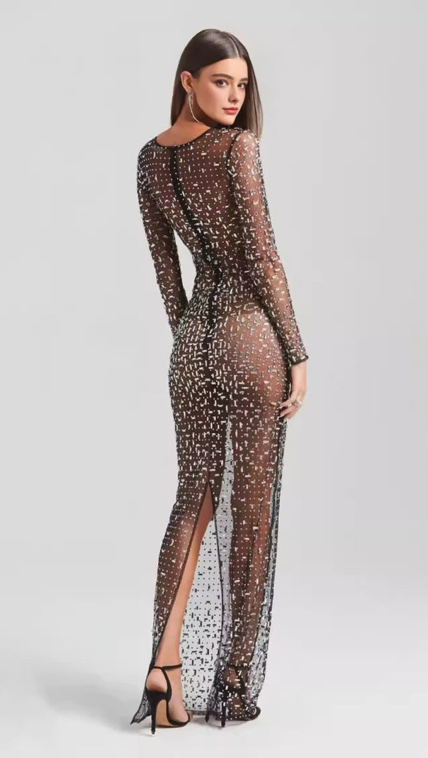 AIIZIE SHEER GLITTER - SPECKLED LONG - SLEEVE MAXI DRESS IN BLACK - product image