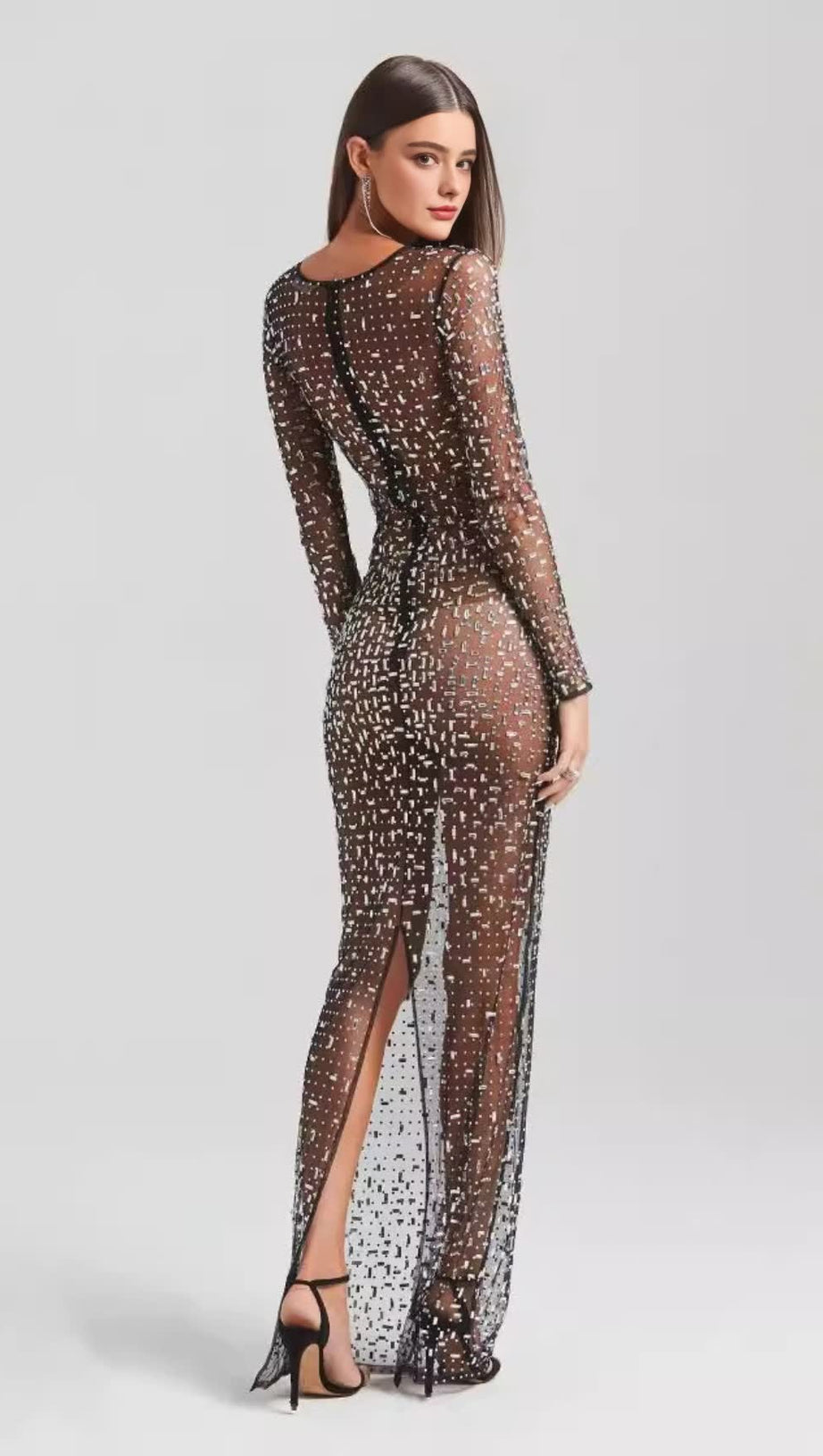 SHEER GLITTER - SPECKLED LONG - SLEEVE MAXI DRESS IN BLACK