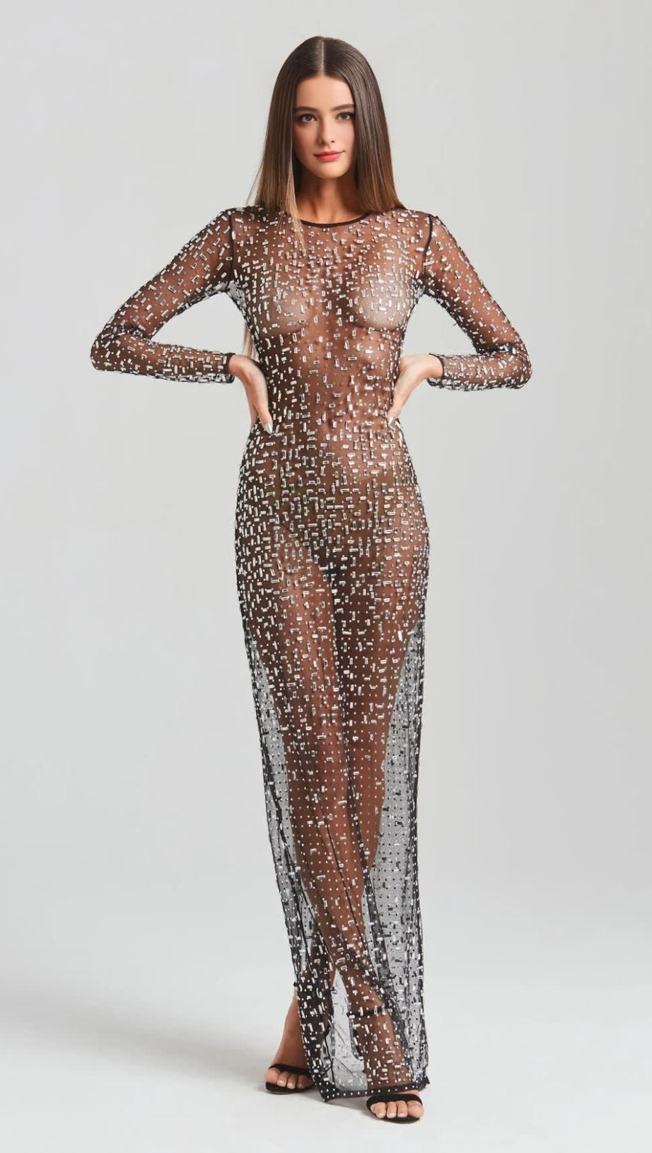 SHEER GLITTER - SPECKLED LONG - SLEEVE MAXI DRESS IN BLACK