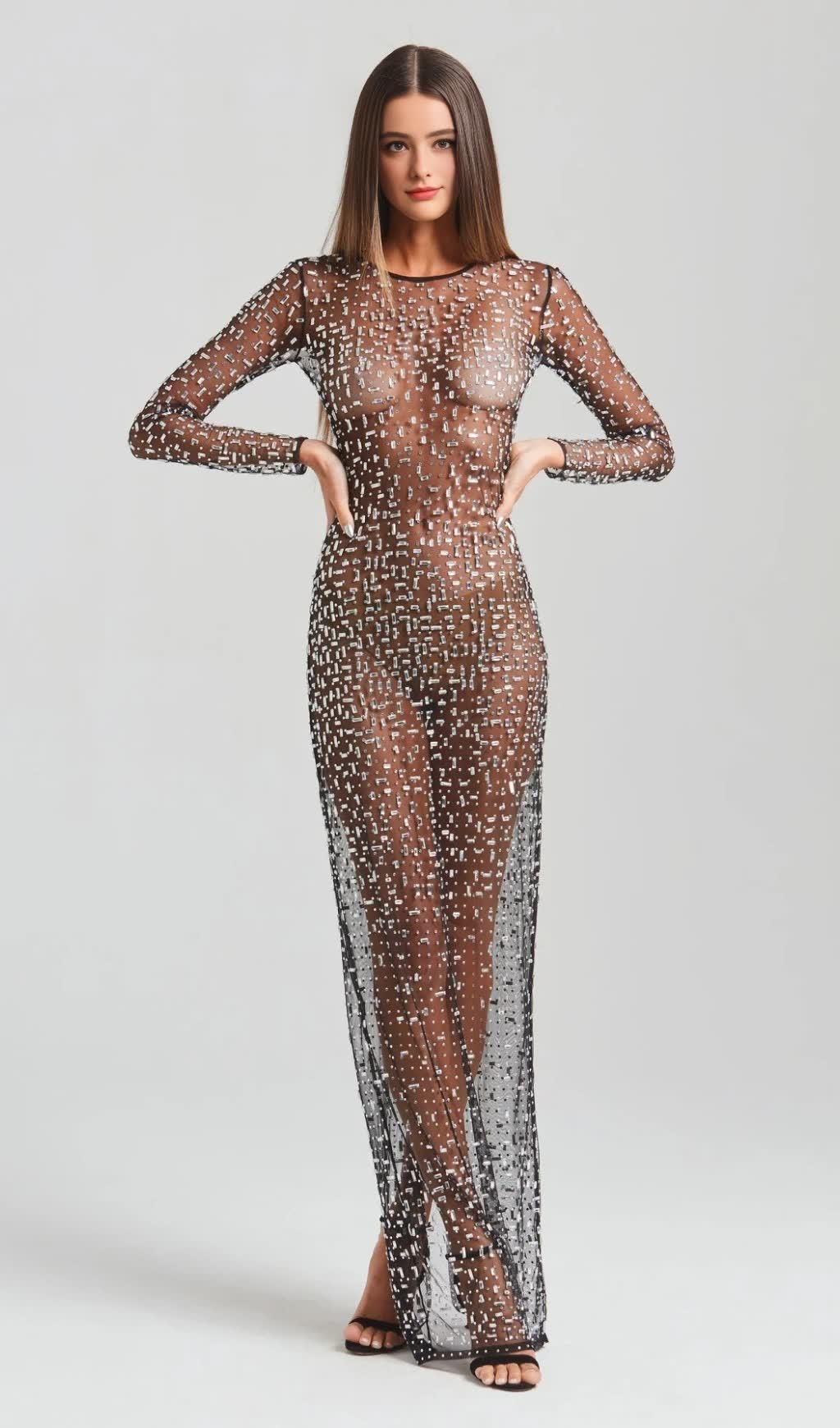 SHEER GLITTER - SPECKLED LONG - SLEEVE MAXI DRESS IN BLACK