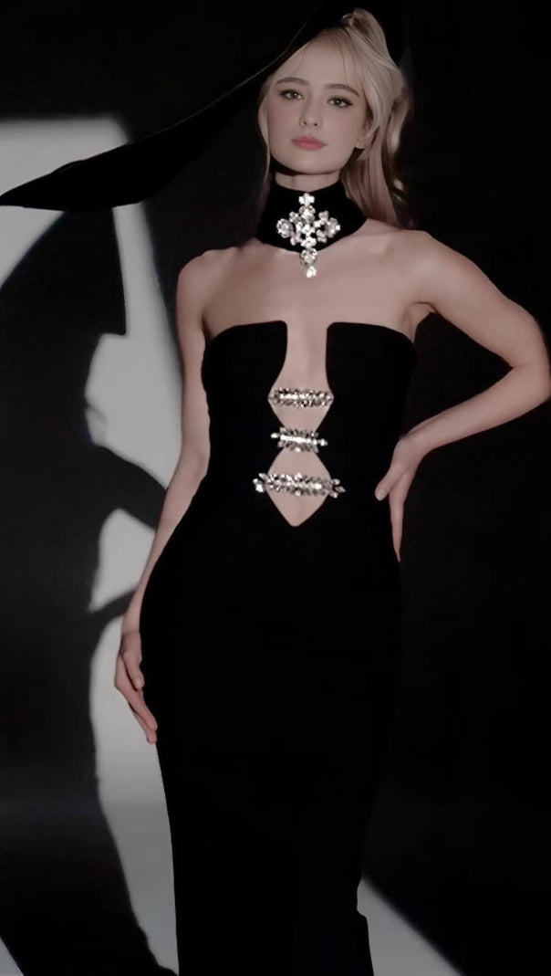 AIIZIE STRAPLESS RHINESTONE - ACCENT CUTOUT MERMAID GOWN IN BLACK - product image