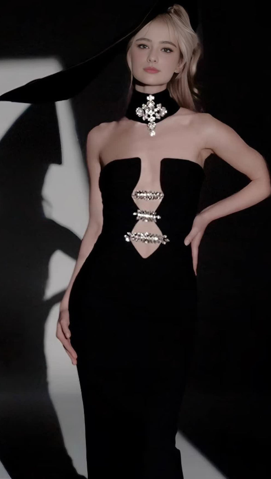 STRAPLESS RHINESTONE - ACCENT CUTOUT MERMAID GOWN IN BLACK