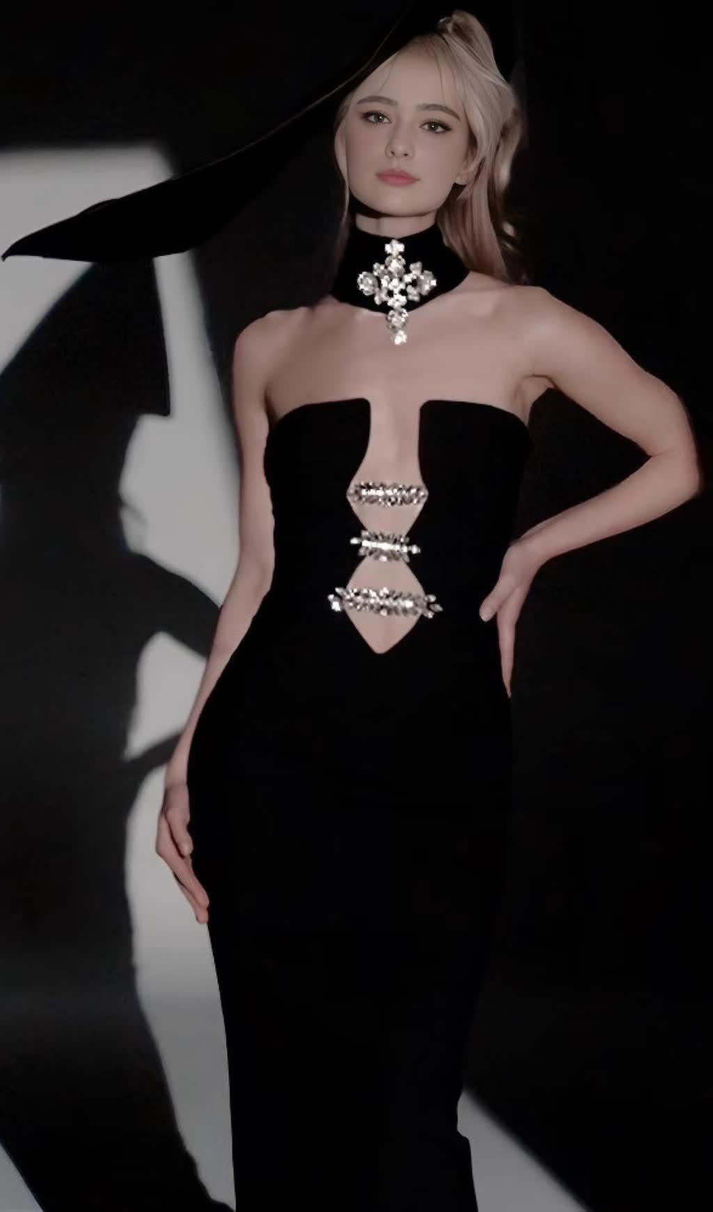 STRAPLESS RHINESTONE - ACCENT CUTOUT MERMAID GOWN IN BLACK