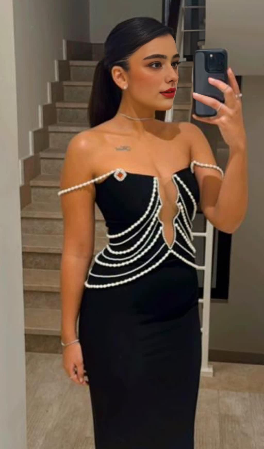 PEARL - CHAIN EMBELLISHED CUTOUT MERMAID GOWN IN BLACK