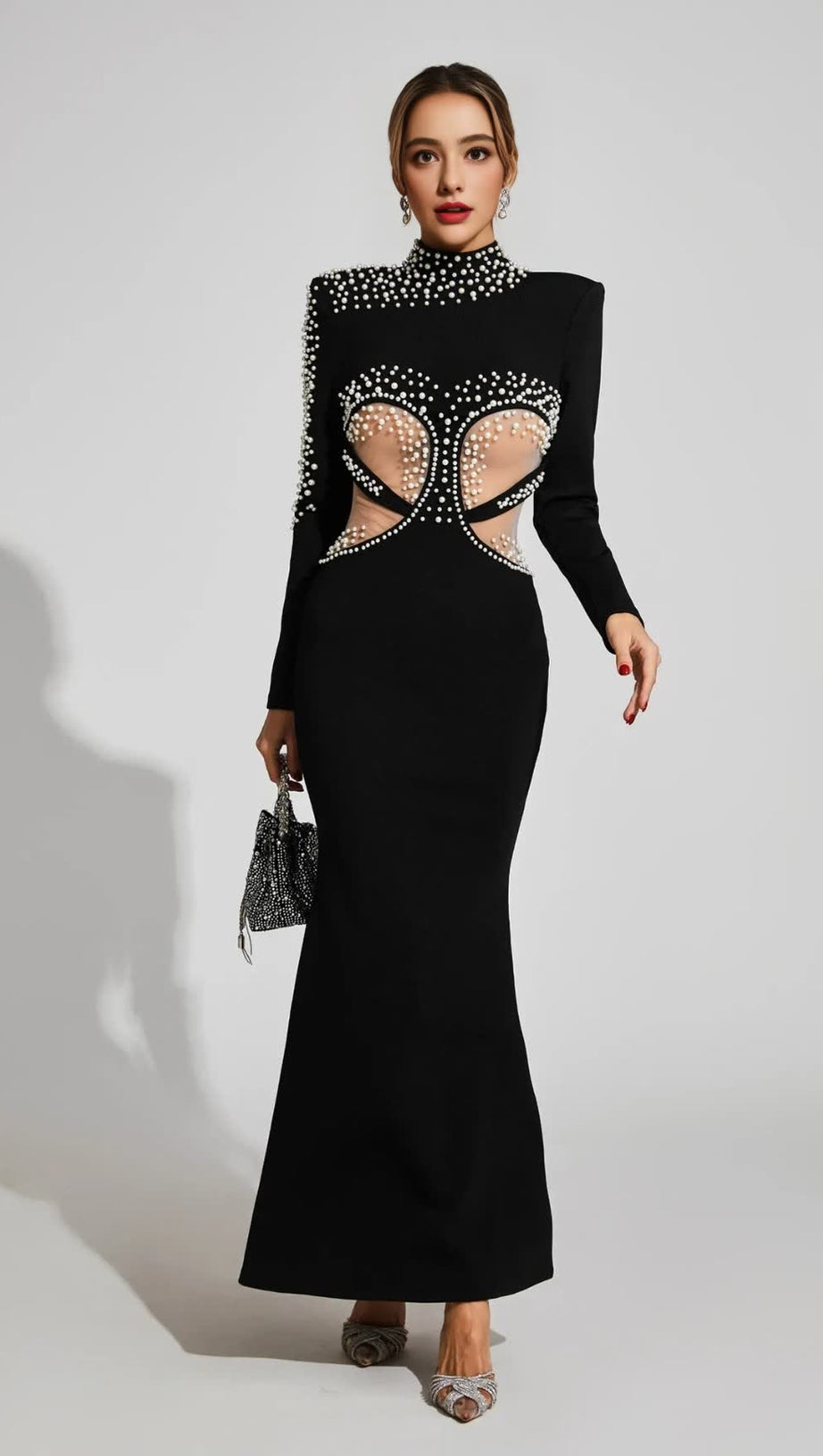 PEARL - EMBELLISHED CUTOUT MERMAID GOWN IN BLACK