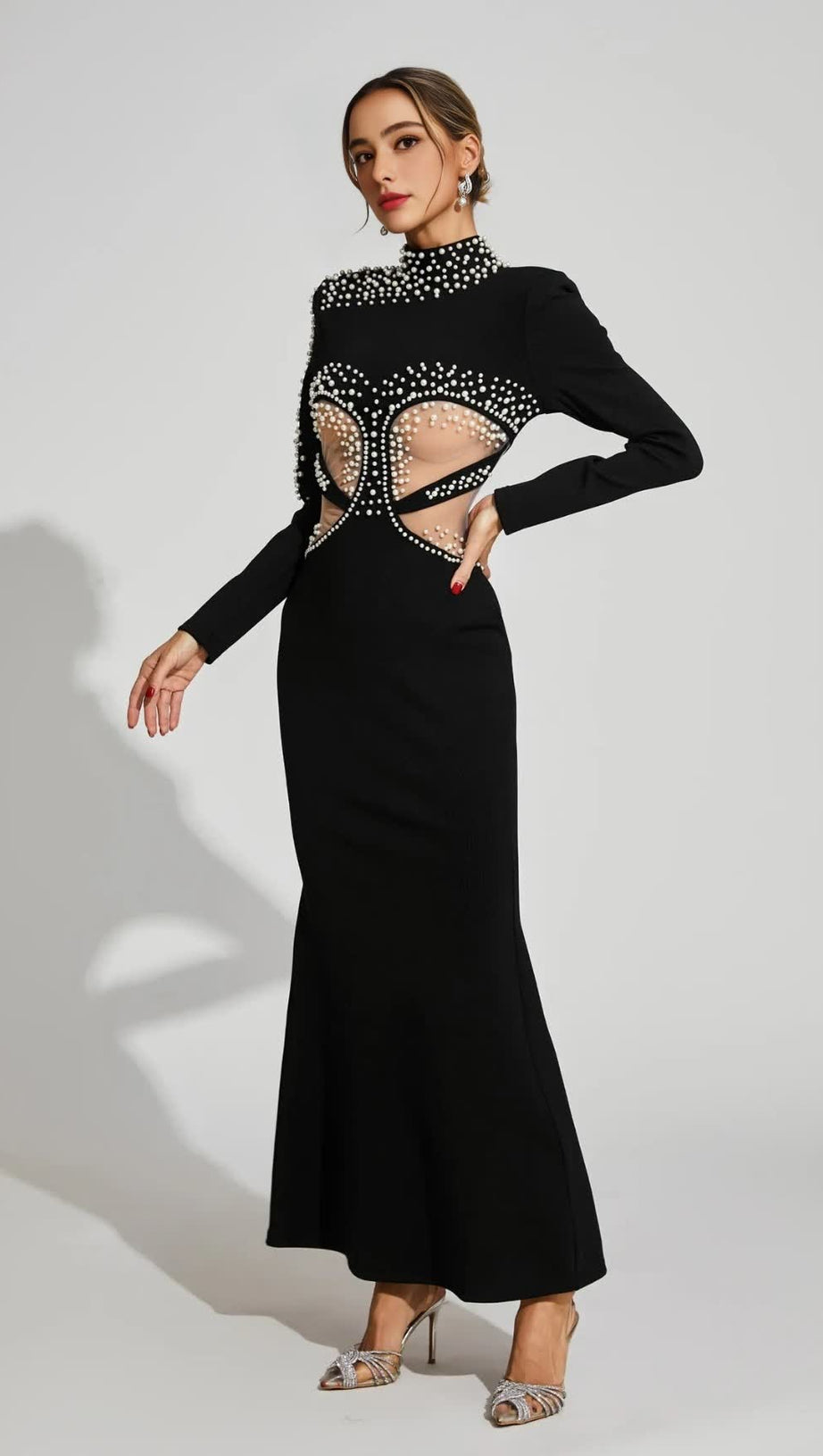 PEARL - EMBELLISHED CUTOUT MERMAID GOWN IN BLACK