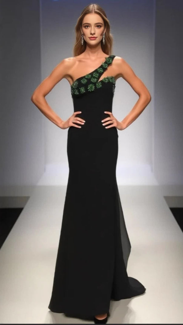 AIIZIE ONE - SHOULDER GREEN - CRYSTAL - EMBELLISHED MERMAID GOWN IN BLACK - product image