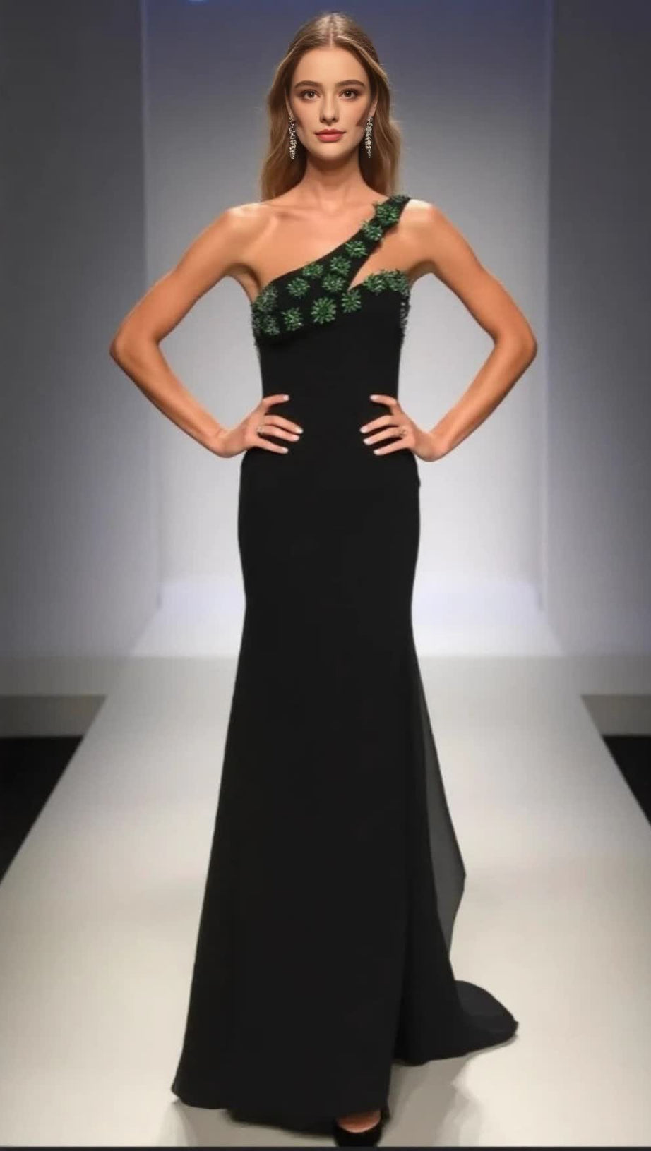 ONE - SHOULDER GREEN - CRYSTAL - EMBELLISHED MERMAID GOWN IN BLACK