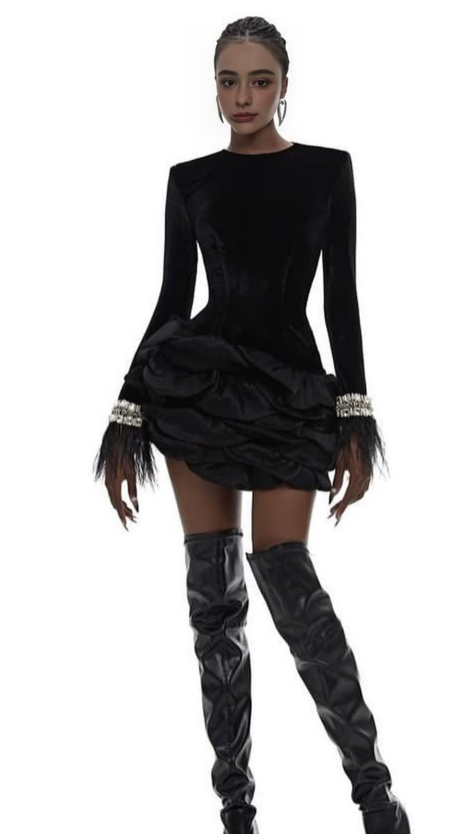 RHINESTONE - FEATHER RUFFLE - HEM LONG - SLEEVE MINI DRESS IN  BLACK
