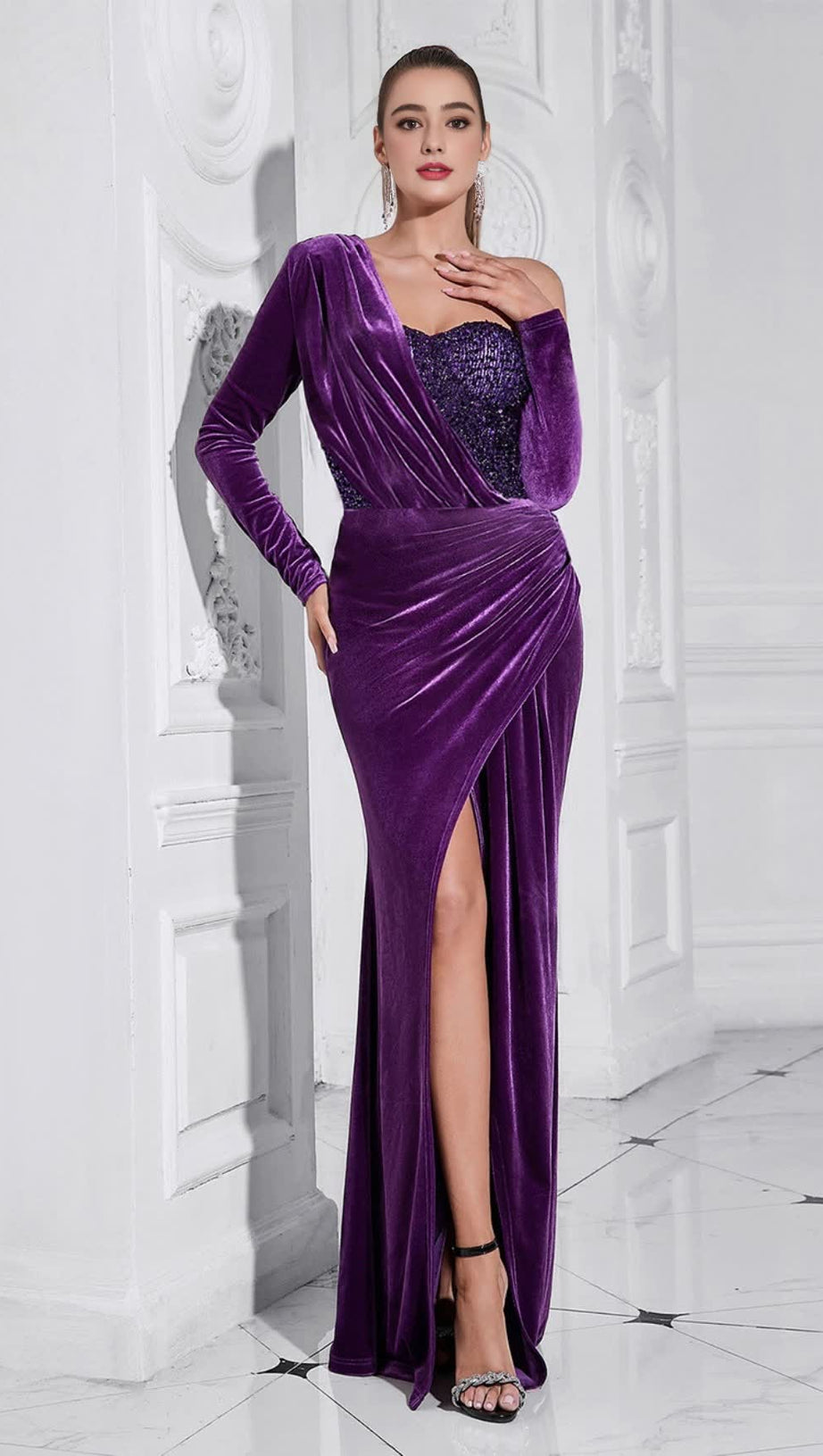 VELVET ONE - SHOULDER SEQUIN - EMBELLISHED MERMAID GOWN IN PURPLE