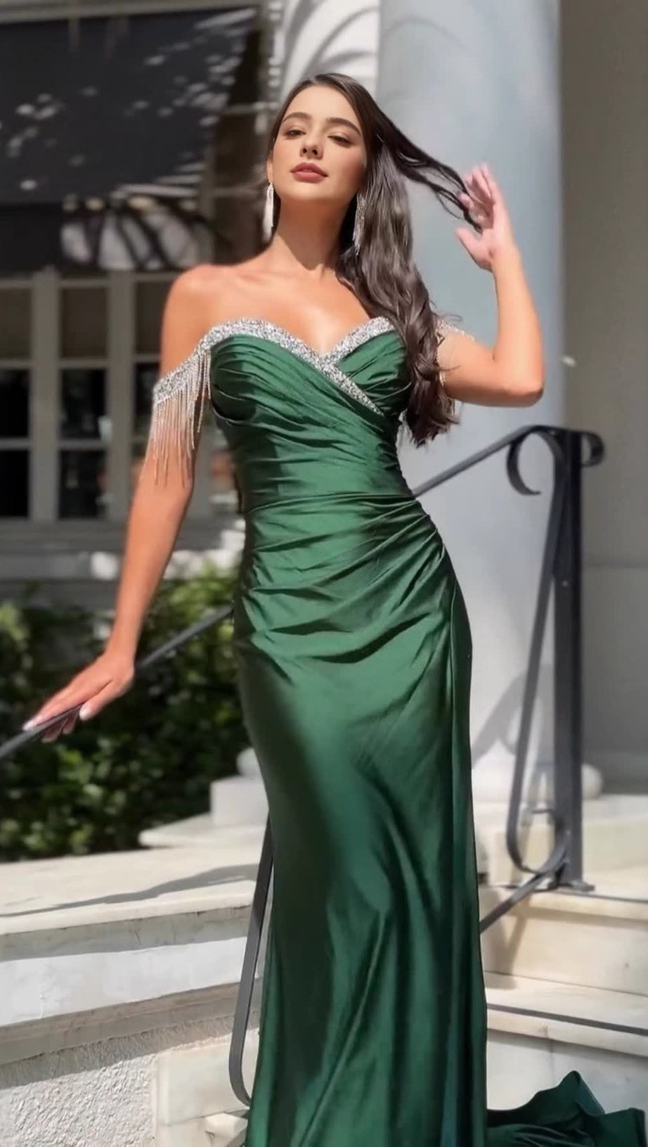 SATIN OFF - SHOULDER FRINGE - TRIM SLIT MAXI DRESS IN GREEN