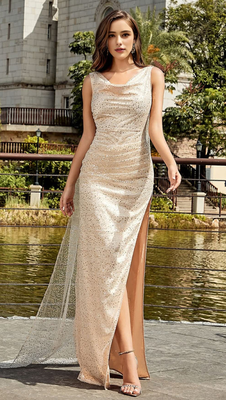 SEQUIN COWL - NECK CAPE - SLEEVE SLIT MAXI DRESS IN CHAMPAGNE