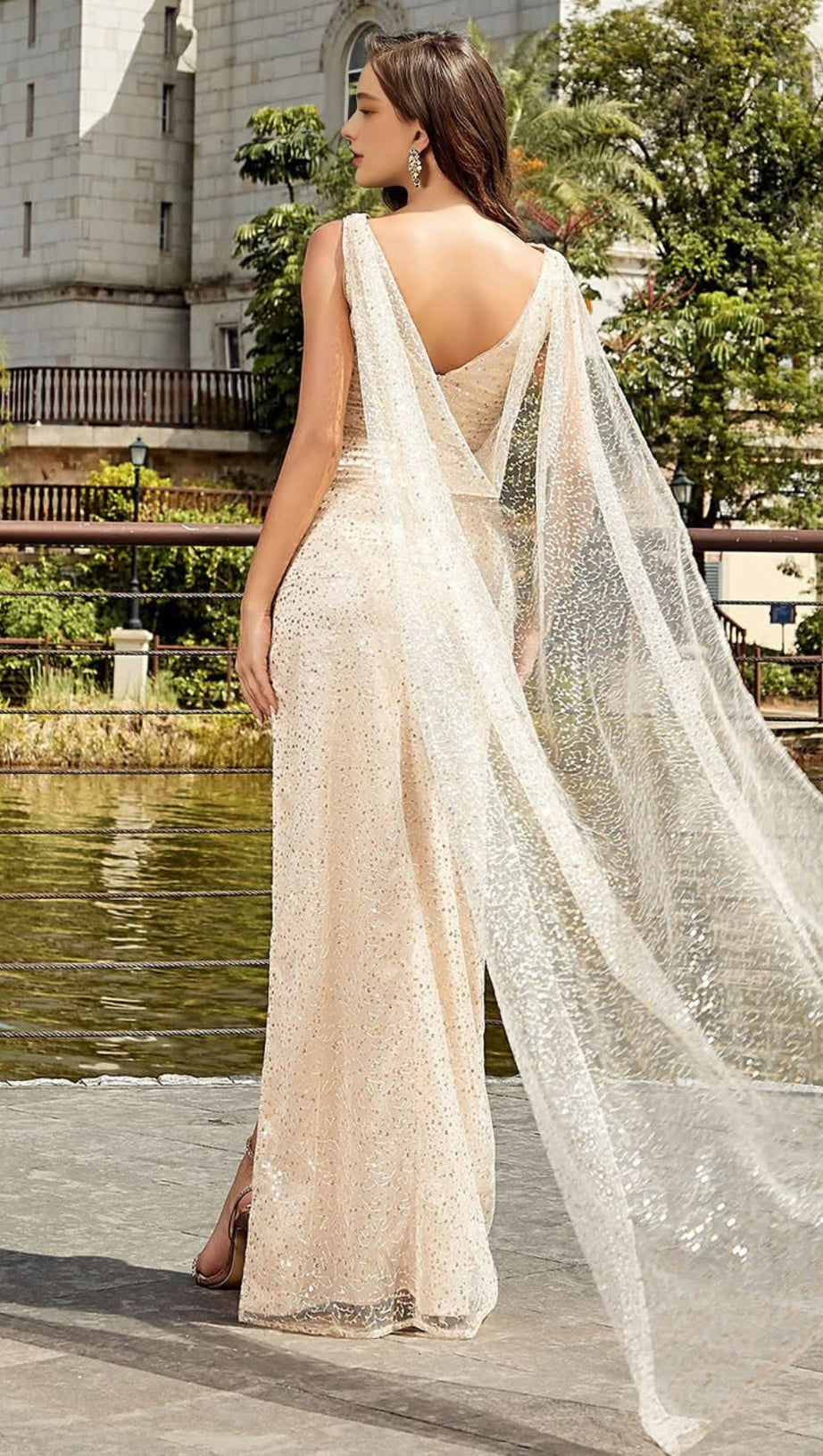 SEQUIN COWL - NECK CAPE - SLEEVE SLIT MAXI DRESS IN CHAMPAGNE