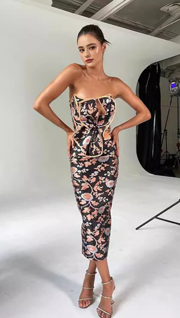 AIIZIE FLORAL - PATTERNED CUTOUT STRAPLESS MIDI DRESS IN BLACK - product image