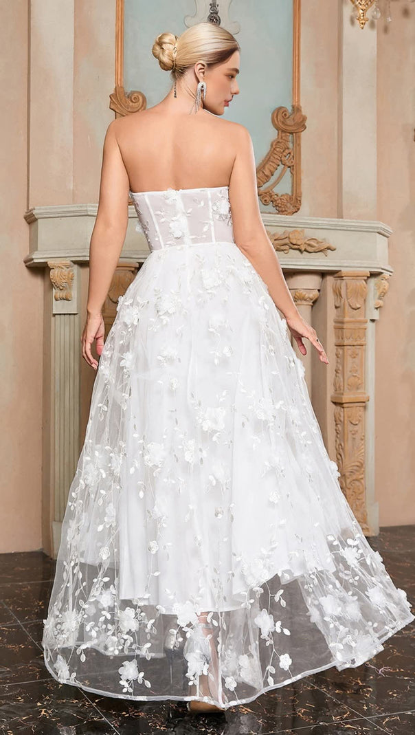 AIIZIE FLORAL - EMBROIDERED SHEER STRAPLESS MAXI DRESS IN WHITE - product image