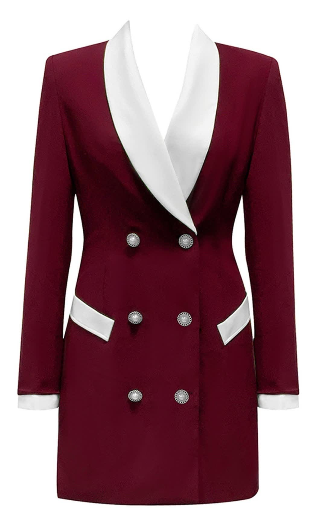 WHITE - TRIM DOUBLE - BREASTED BLAZER DRESS IN BURGUNDY