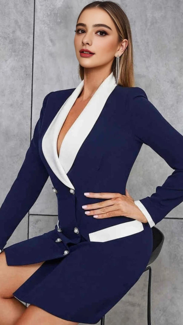 AIIZIE WHITE - TRIM DOUBLE - BREASTED BLAZER DRESS IN BLUE - product image
