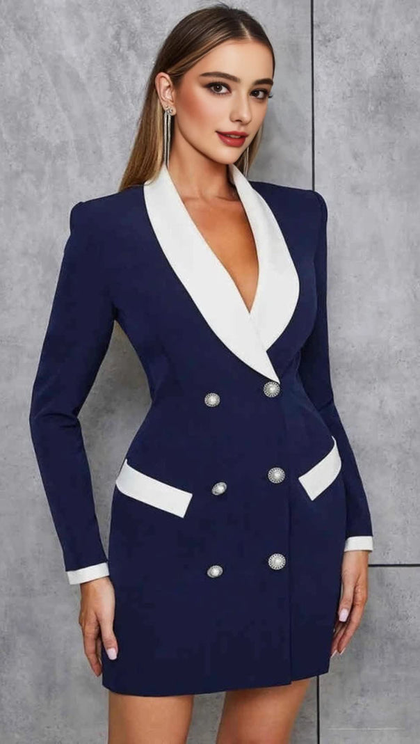 AIIZIE WHITE - TRIM DOUBLE - BREASTED BLAZER DRESS IN BLUE - product image