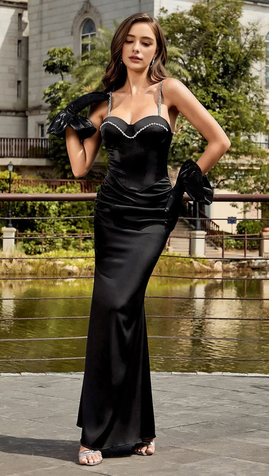 SATIN CORSET - STYLE RHINESTONE - TRIM MAXI DRESS WITH GLOVES IN BLACK