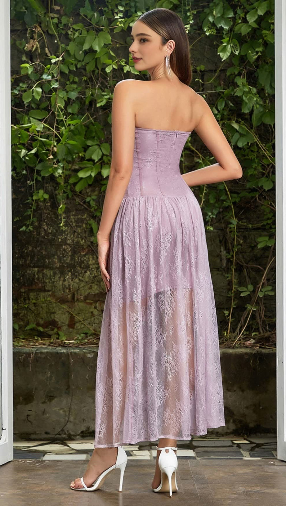 LACE STRAPLESS CORSET - STYLE MESH - OVERLAY MIDI DRESS IN LAVENDER