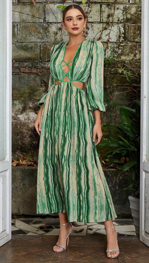 AIIZIE STRIPED CUTOUT V - NECK PUFF - SLEEVE MAXI DRESS IN GREEN - product image