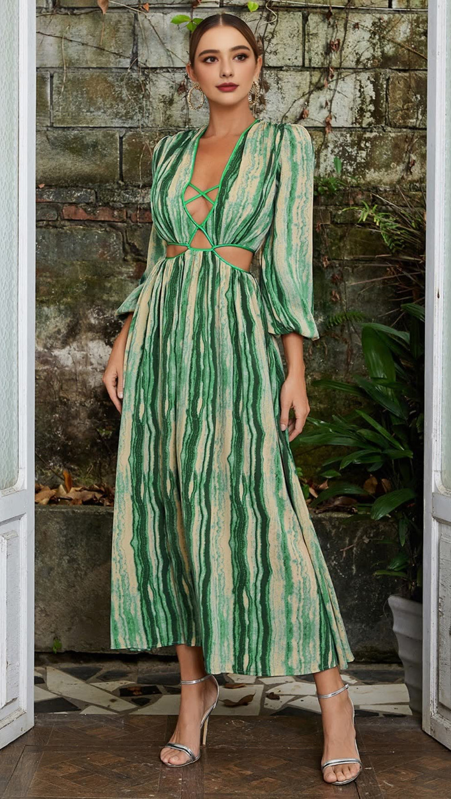 STRIPED CUTOUT V - NECK PUFF - SLEEVE MAXI DRESS IN GREEN