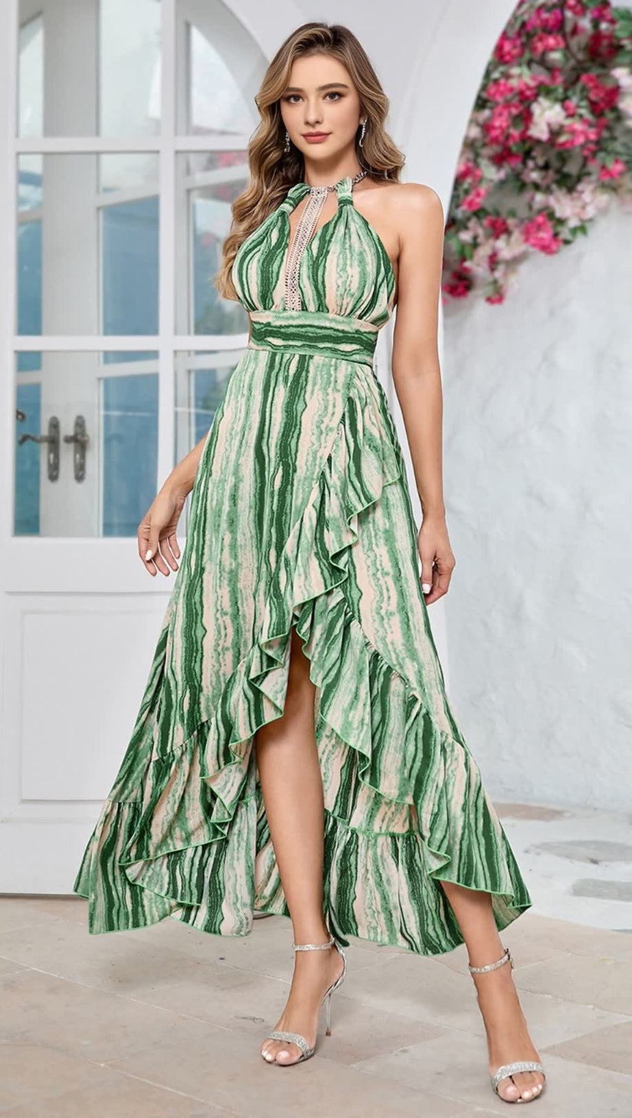 STRIPED HALTER NECK RUFFLE - HEM MAXI DRESS IN GREEN